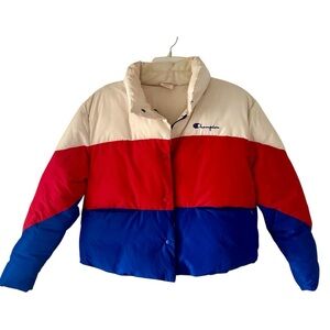 Champion Tri-Color  Blue Red & Cream Puffer Jacket Retro Style Size S